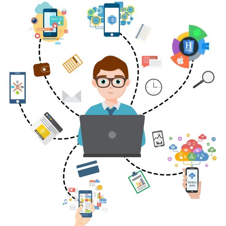 Illustration of a developer connected to icons representing web, mobile, and cloud services